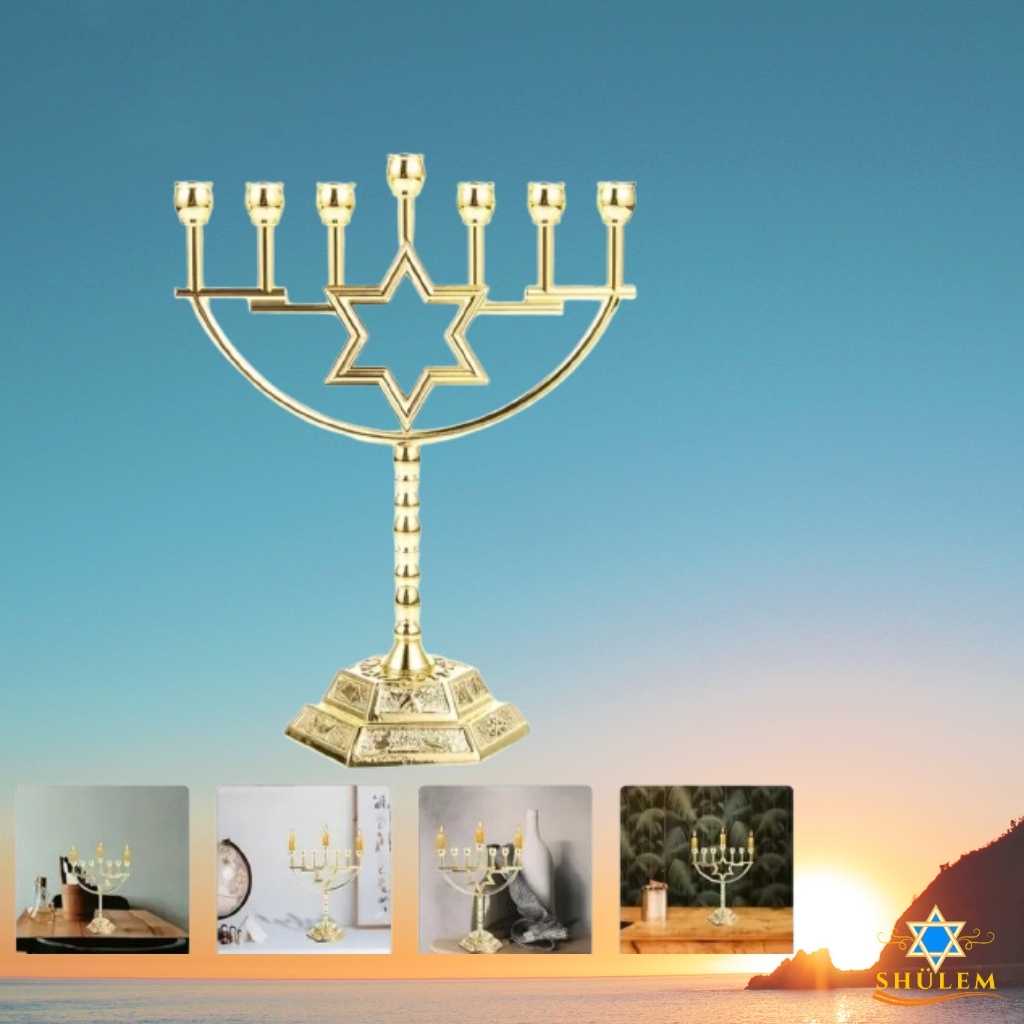 Menorah Mediana con Maguén David en Dorado - Imagen 2