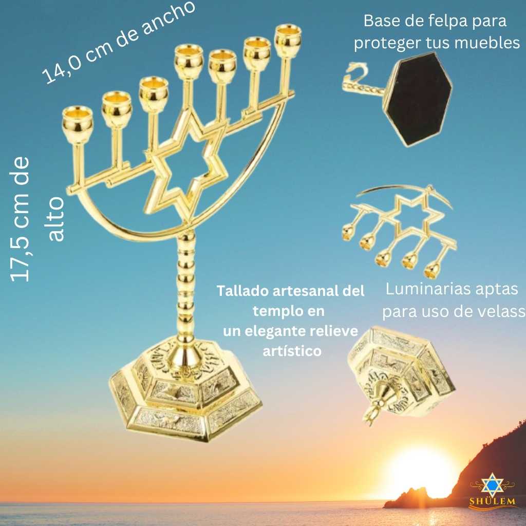 Menorah Mediana con Maguén David en Dorado - Imagen 3