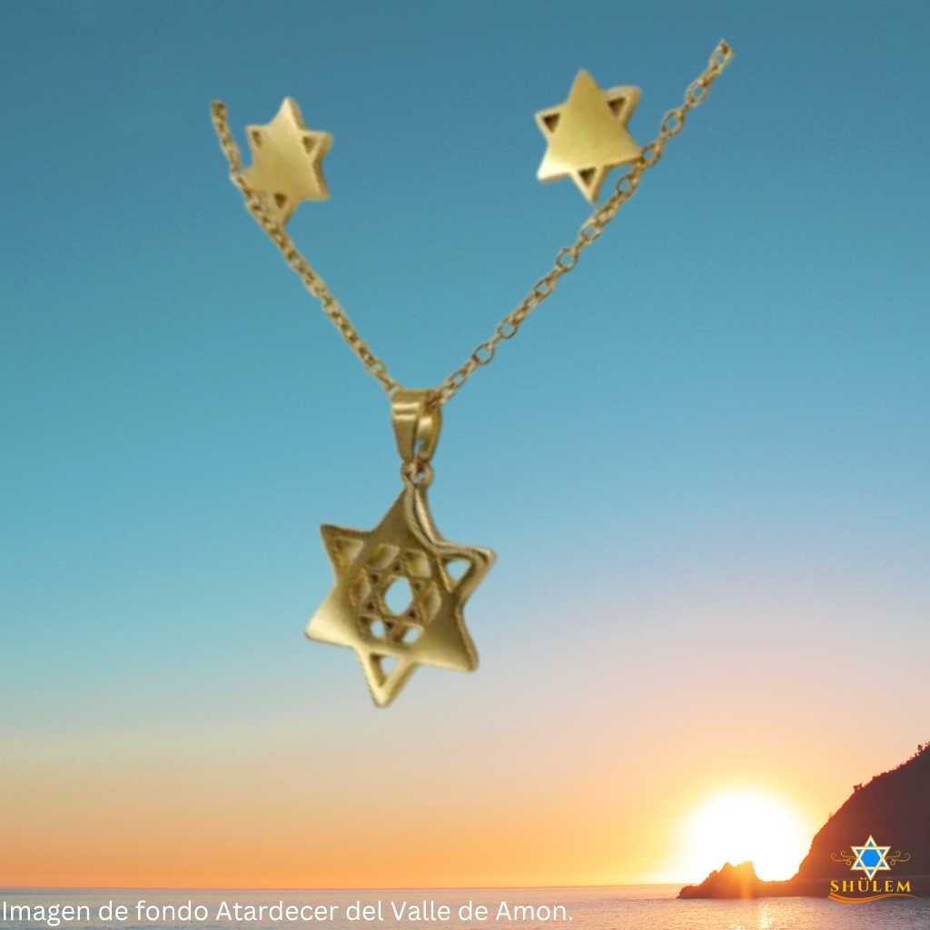 Conjunto de dama con collar y aros Estrella de David doble plateada unisex, joyería judaica exclusiva en Chile