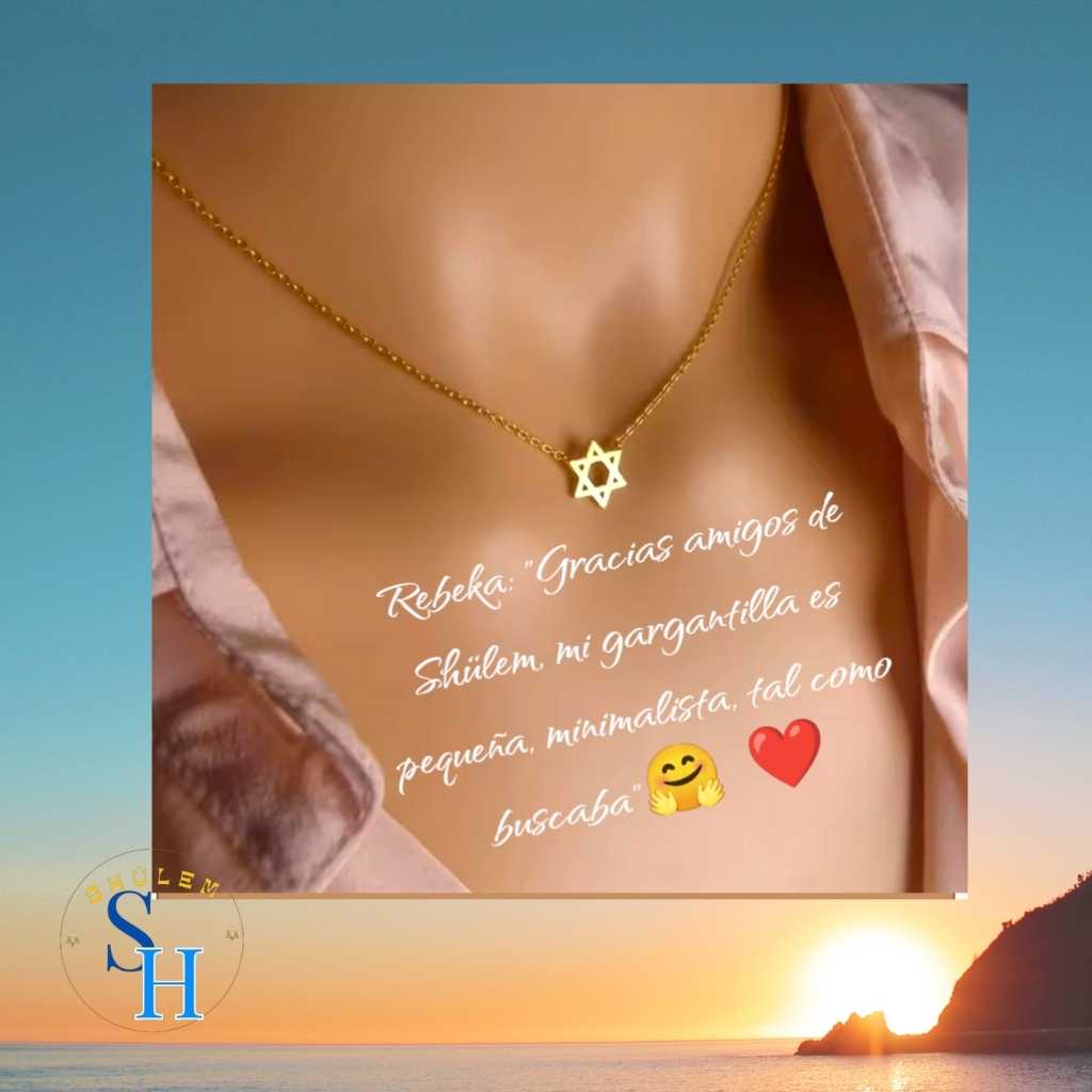 Collar Minimalista Estrella de David baño oro 1.6 cm con recomendación de cliente en imagen