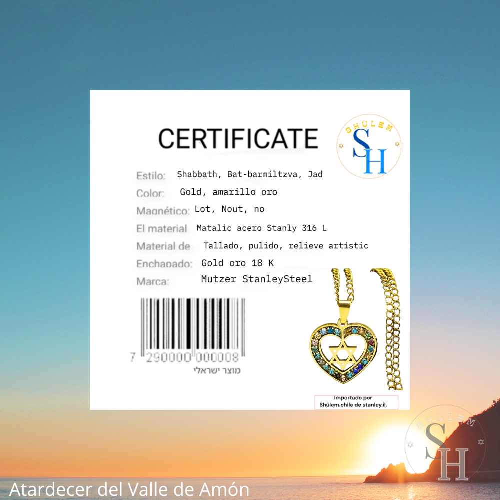 Colgante Premium y Exclusivo Collar Ahav con Estrella de David al centro de un corazón decorado con preciosas perlas de circón multicolor